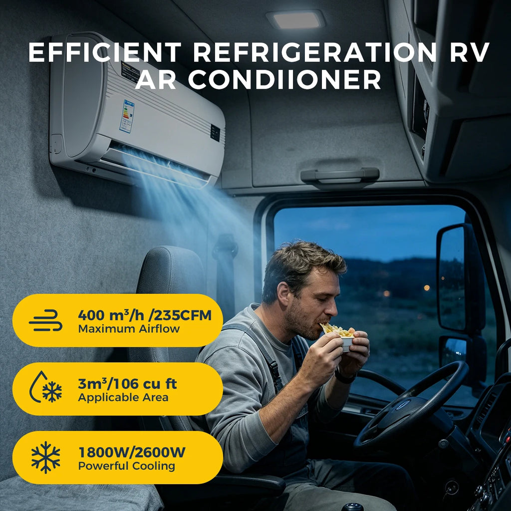 Climatiseur split 12V/24V pour camion & van – Silencieux 35 dB, fonctionne moteur éteint