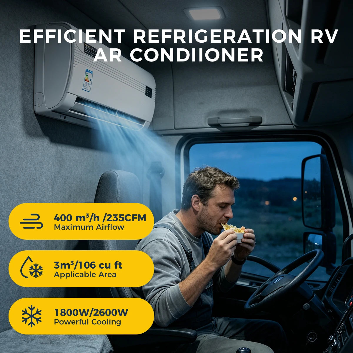 Climatiseur split 12V/24V pour camion & van – Silencieux 35 dB, fonctionne moteur éteint
