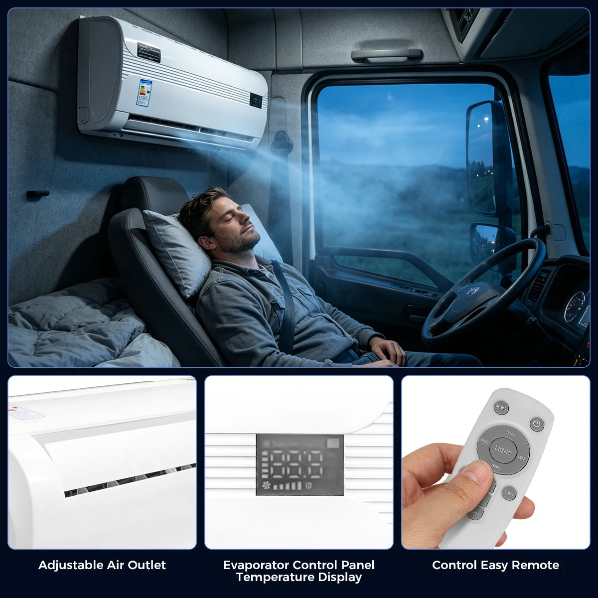 Climatiseur split 12V/24V pour camion & van – Silencieux 35 dB, fonctionne moteur éteint